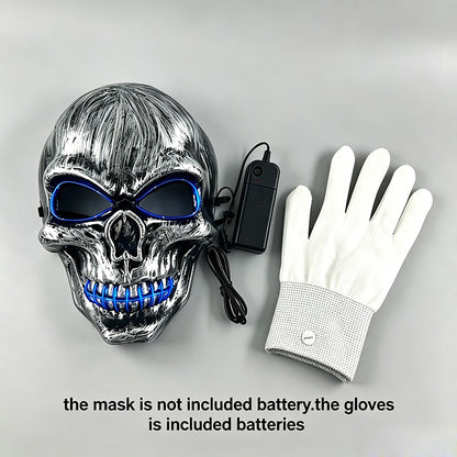 Halloween LED Skull Mask with Light Up Gloves EL Wire Glowing Skeleton Mask Lighted Flashing LED Gloves Set for Cosplay Party