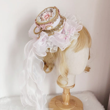 Lolita Girls Top Hat Rose With Long Ribbon ,Tea Cup Palace Spanish Fedoras