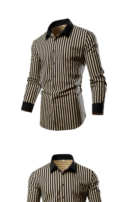 Men's White Vertical Stripe Long Sleeve Shirts, Single Breasted Lapel Shirt, Blue Gray Red Khaki Available, European Size S-XXL