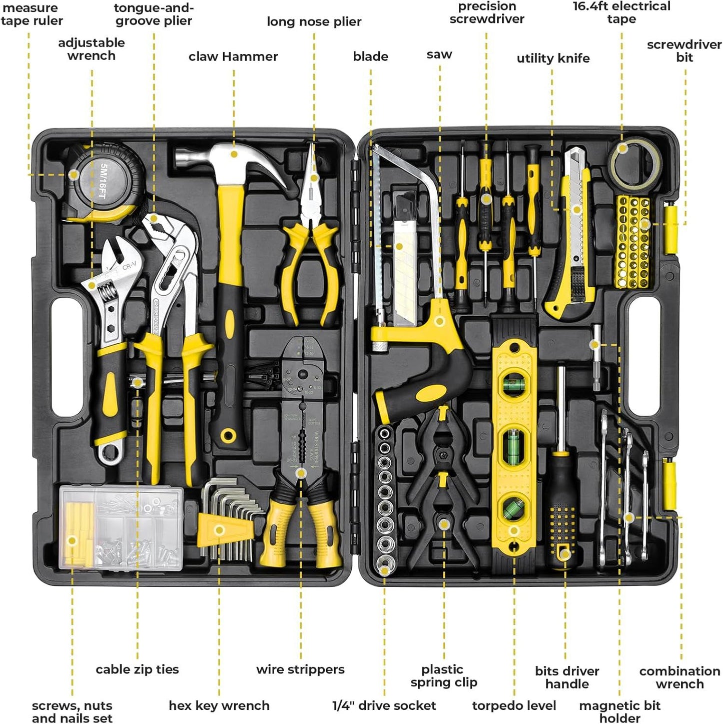Caixa de Ferramentas Profissional com 218 Peças, Jogo de Ferramentas Mecânico com Chave de Fenda, Soquetes Hexagonais, Martelo, Alicates, para Bricolagem Doméstica, Carros, Amarelo