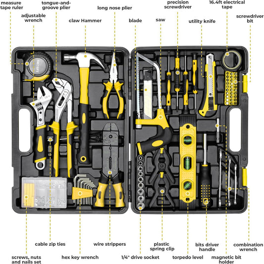 Professional 218 Piece Tool Box,Mechanic Tool Set with Screwdriver, Hex Sockets, Hammer, Pliers,for Household DIY, Cars,Yellow