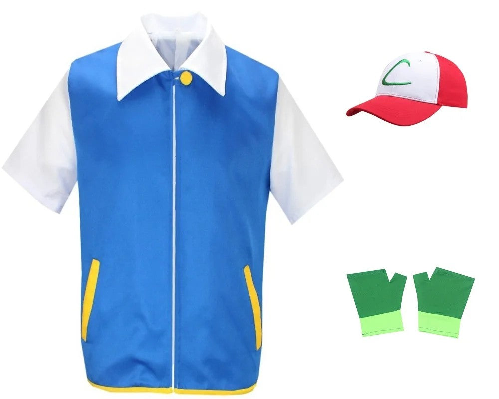 Anime Blue JacketP-PokemonING Go Men Cosplay Costume Boys Ash Ketchum For Halloween Party Trainer Gloves Cap Set Christmas Gift