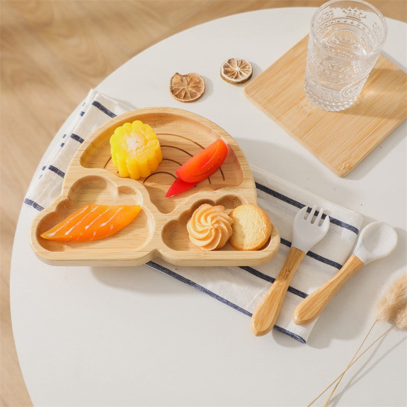 Baby Wooden Tableware Set Could Bamboo Wooden Plate Bowl Silicone Suction Wooden Handle Fork Spoon for Children Feeding Supplies