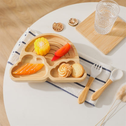 Baby Wooden Tableware Set Could Bamboo Wooden Plate Bowl Silicone Suction Wooden Handle Fork Spoon for Children Feeding Supplies
