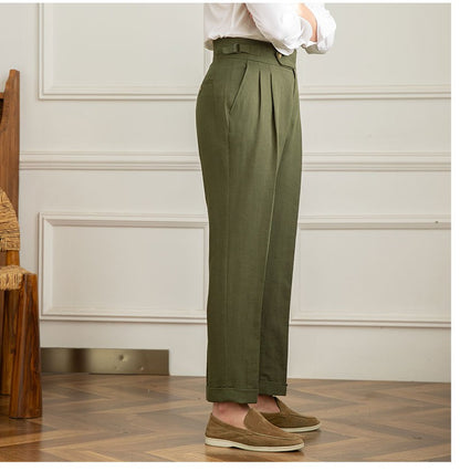 Three Gentleman Summer Naples Casual Straight Pants Men's Commuting Cotton and Linen Comfortable Breathable High Waist Pants