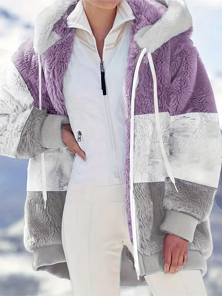 Plus Size Autumn/Winter New Arrivals Women's Autumn/Winter Drop-Shoulder Long-Sleeved Colour-Block Patchwork Fleece Hooded Jacke
