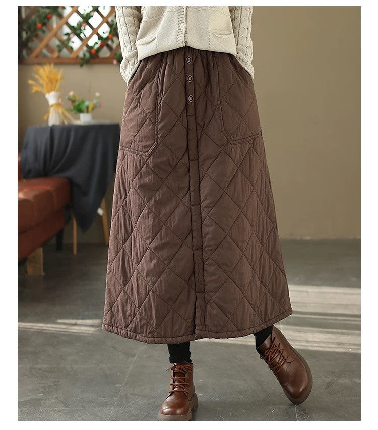 Retro Warm Cotton Quilted Long Midi Skirt High Waist A-Line Skirt for Middle-Aged And ly Women Diamond Patterned f Skirt