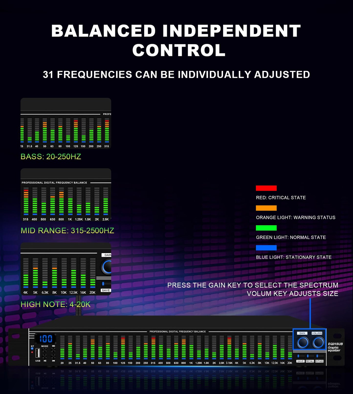 EQ31SUB Digital Equalizer 31 Stage Tuner Professional Stage Performance Noise Reduction Audio Processing
