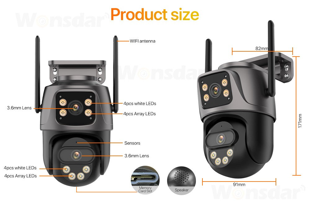Câmera IP WIFI de Três Telas Externa 4K Lente Dupla Câmera PTZ Detecção Humana por IA Câmera de Segurança de Vídeo CCTV IP66 à Prova D'água iCsee