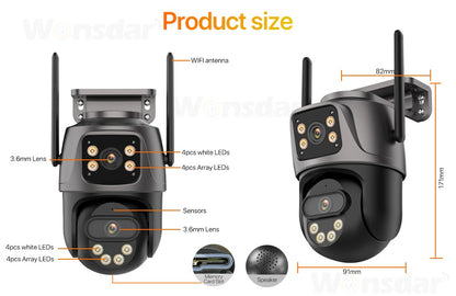 Câmera IP WIFI de Três Telas Externa 4K Lente Dupla Câmera PTZ Detecção Humana por IA Câmera de Segurança de Vídeo CCTV IP66 à Prova D'água iCsee