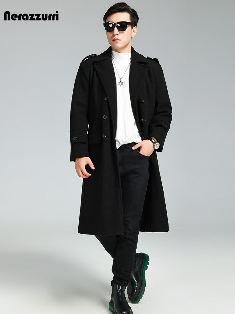 Nerazzurri Autumn Winter Long Elegant Luxury Chic Navy Blue Warm Woolen Coat for Men Double Breasted Wool & blends Overcoat 2023