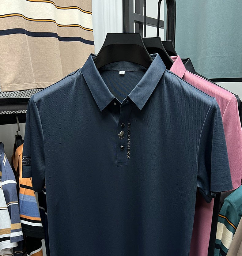High End Brand New Summer Solid Color Silk Cotton High-quality Short Sleeved Polo Men's Fashionable Business Seamless Casual Top