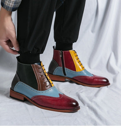 Luxury Fashion Men Leather Boots Flats British Style Sharp Pointed Color Matching Men Shoes Mens Slip-on Outdoor Flats Size 48