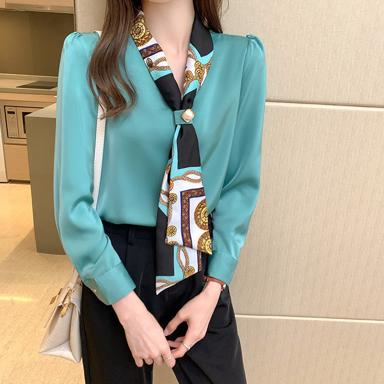 H Han Queen Spring Chiffon Simple Office Lady Blouse Female Shirt Bow Tops Long Sleeve Casual Korean OL Loose Blouses Women