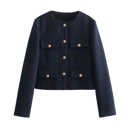 UNIZERA Winter New Product Women's Fashion and Casual Versatile Round Neck Flip Decoration Short Suit Coat