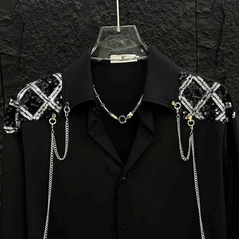 New high-end personalized metal chain design for men's long sleeved patchwork loose sequined shirt