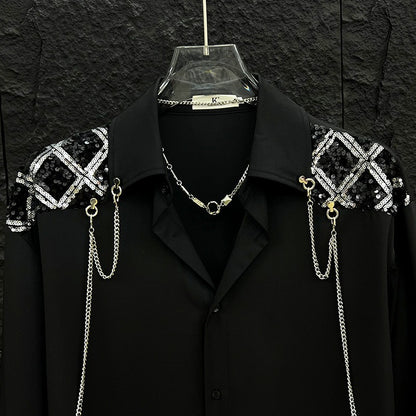 New high-end personalized metal chain design for men's long sleeved patchwork loose sequined shirt