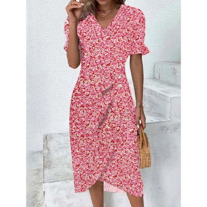 Elegant Floral Pleated H shaped Midi Dress Female V Neck Puff Sleeve Waist Ruche