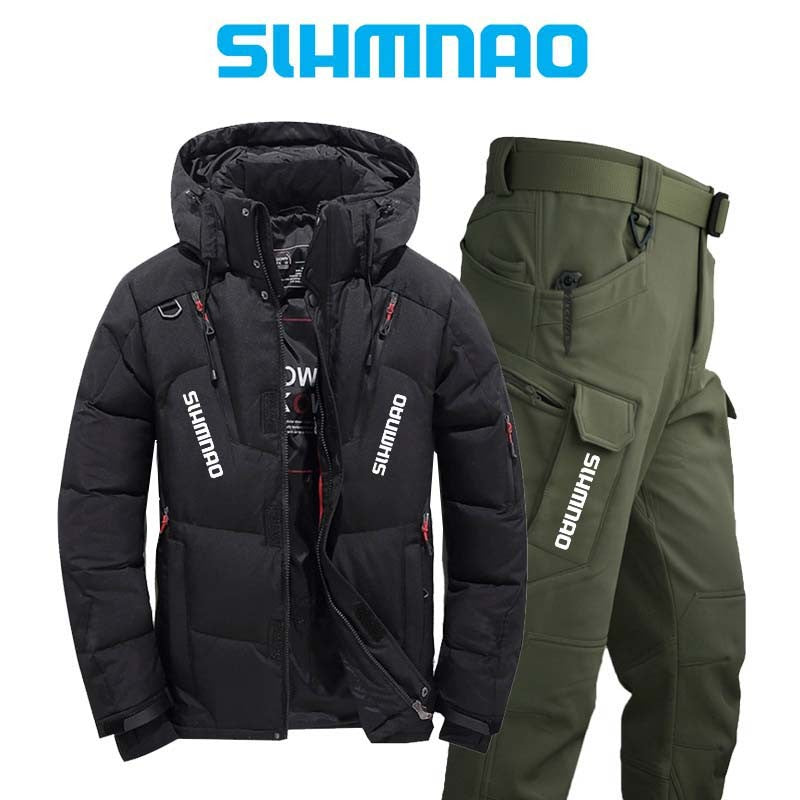 Conjunto de Pesca Quente e Resistente ao Vento e ao Frio de Inverno, Jaqueta Externa Quente, Jaqueta Grossa de Pluma de Ganso e Calças Táticas 2025