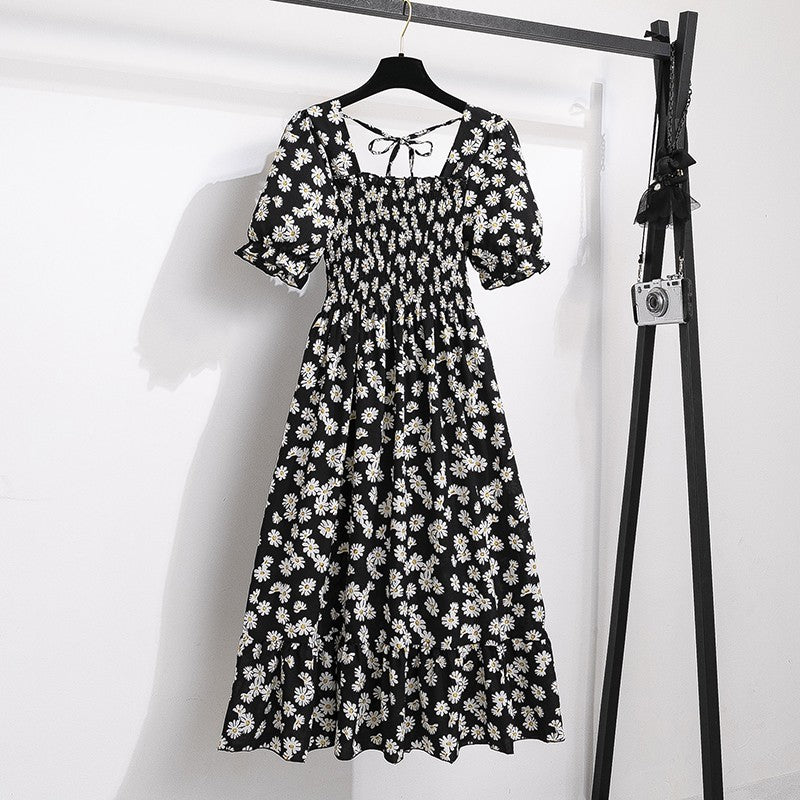 Summer Pleated Women Chiffon Dresses Casual Beach Holiday Short Sleeve Square Co
