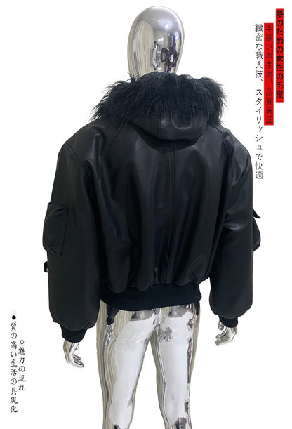 Mauroicardi Autumn Winter Short Oversized Black Warm Pu Leather Jacket Men with Faux Fur Trim Hood Loose Casual Korean Fashion