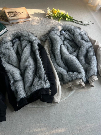 2025 Winter New Fashion Mountain Carving Imitation Wolf Fur Coat Men and Women Y2K Harajuku Hip-hop Pop Bomber Jacket Cleanfit