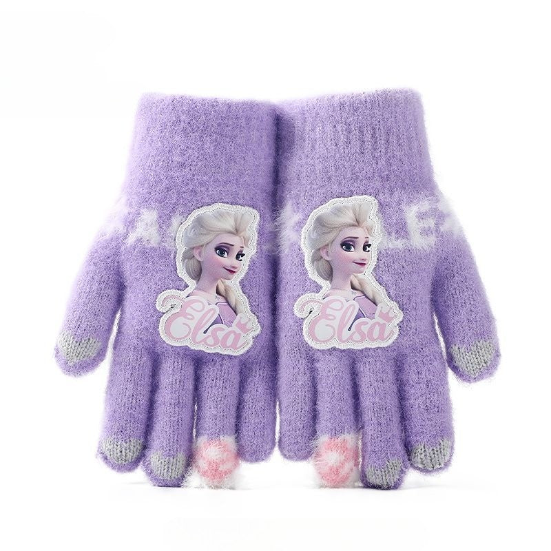 Disney Frozen Elsa desenho animado fofo e feminino coração outono e inverno luvas infantis grossas e quentes à prova de frio com dedos inteiros para atividades ao ar livre