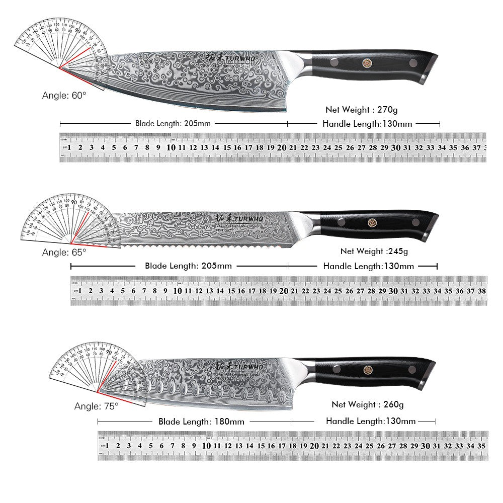 TURWHO Melhores Utensílios de Cozinha de 1 ou 7 Peças, Conjunto Profissional de Aço Damasco de 67 Camadas Com Excelente Bloco de Facas de Madeira de Acácia