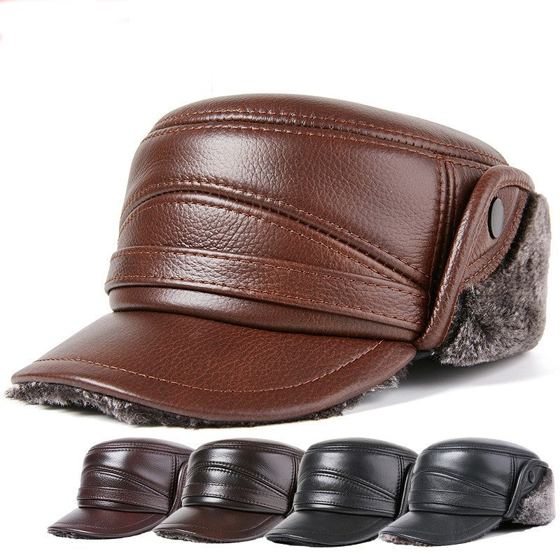 Men's Genuine Leather Duckbill Hat Winter Thickened Warm Outdoor Earflap Cotton Cap Elderly Real Leather Hat Cowhide Warm