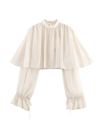 Elegant Women's Tierred Ruffles Blouse Chic Long Sleeve Loose Crop Shirt 2026 Spring New Chic Half High Collar Woman Solid Top