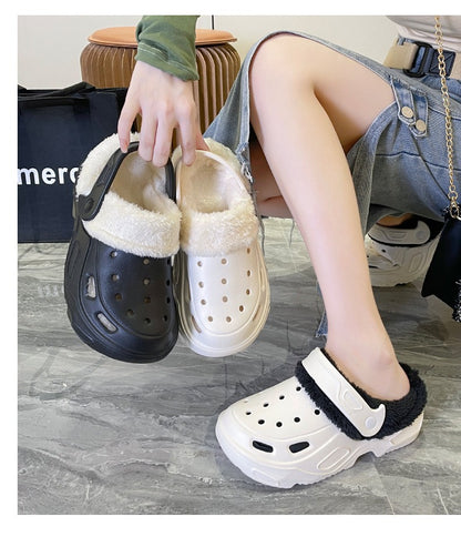 Plush slippers 2025 new winter men's and women's thick high heels soft-soled beach garden shoes home plush ripped slippers
