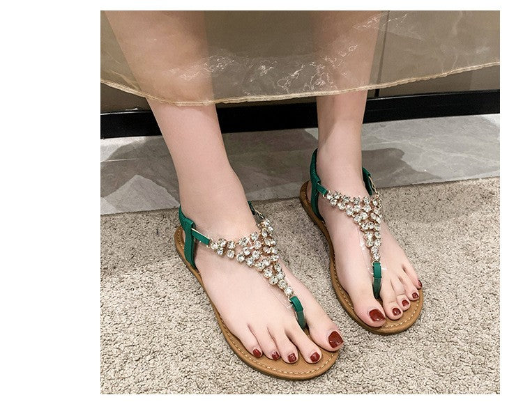 Summer New Flat Transparent Rhinestones Pintoe Women's Sandals, Fashion Casual Light Beach Cool, Shoes Women