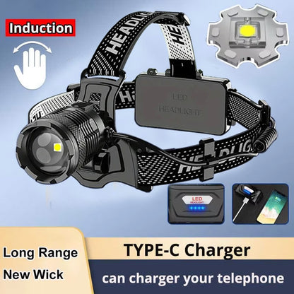 2025 New Super Powerful Headlamp 800W LED IR Sensor Headlight Rechargeable Head Flashlight 5000 Meter Head Lamp Fishing Lantern