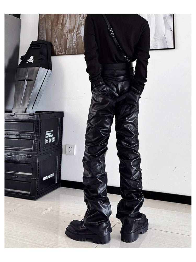 Mauroicardi Spring Autumn Cool Long Ruched Soft Black Pu Leather Stacked Pants for Men Luxury Designer Cyberpunk Rock Clothes