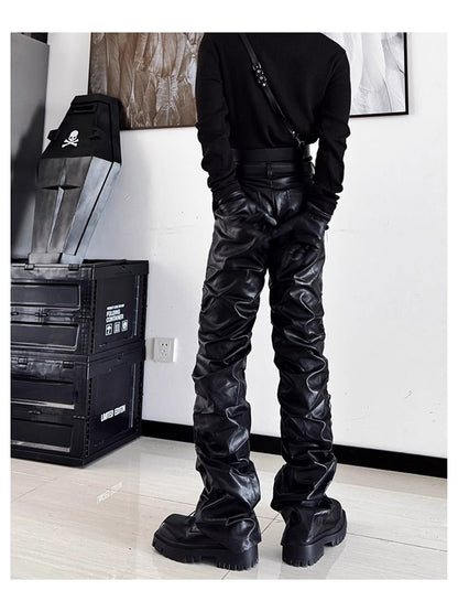 Mauroicardi Spring Autumn Cool Long Ruched Soft Black Pu Leather Stacked Pants for Men Luxury Designer Cyberpunk Rock Clothes