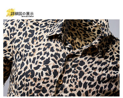 QJ CINGA Brand Men Leopard Print Long-sleeved Shirt, White Single-breasted Button-down Collar Printed Shirts, Asian Size M-6XL