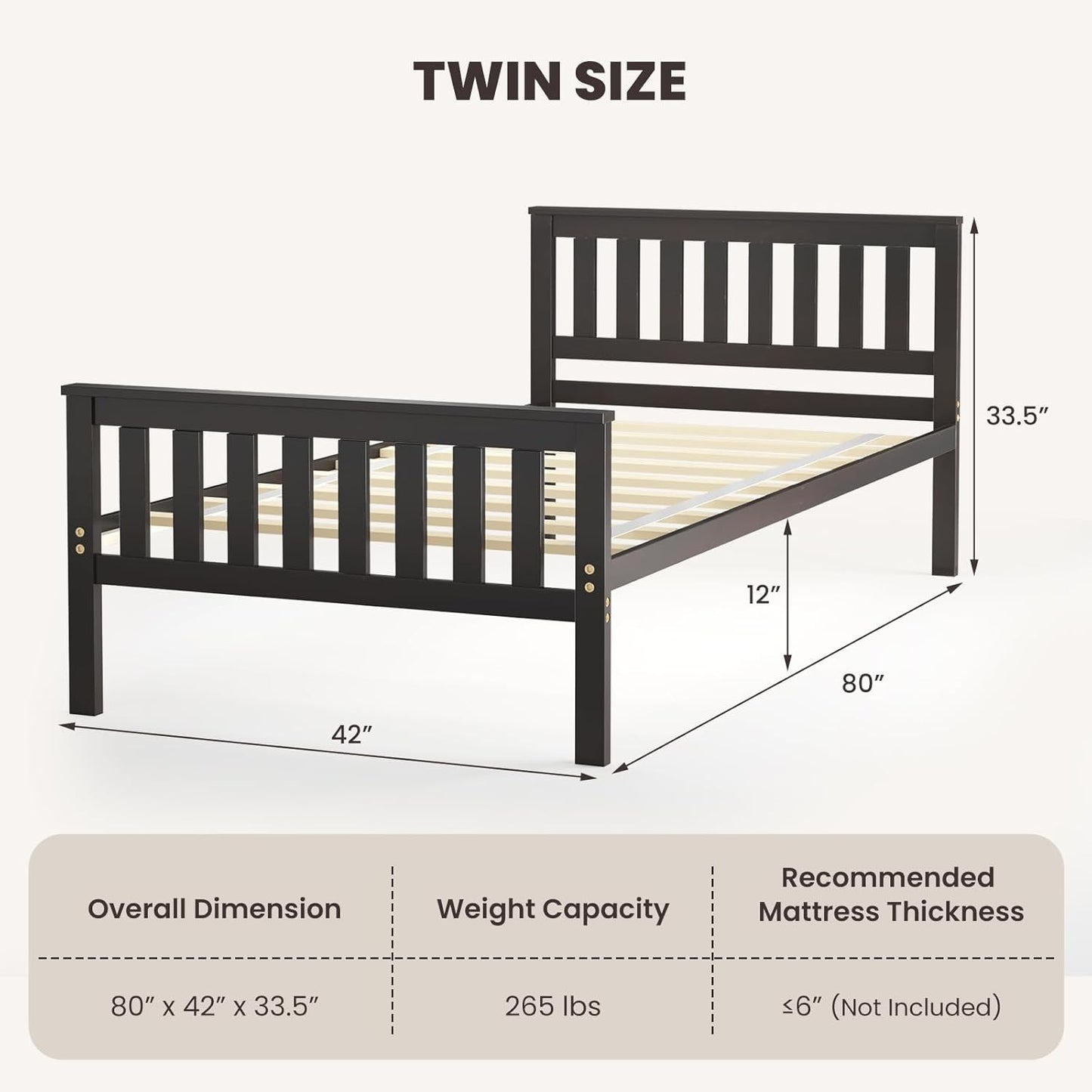 Wood Twin Bed Frames with Headboard, Mid Century Platform Bed with Wooden Slats Support, 12" Under-Bed Storage Space, No