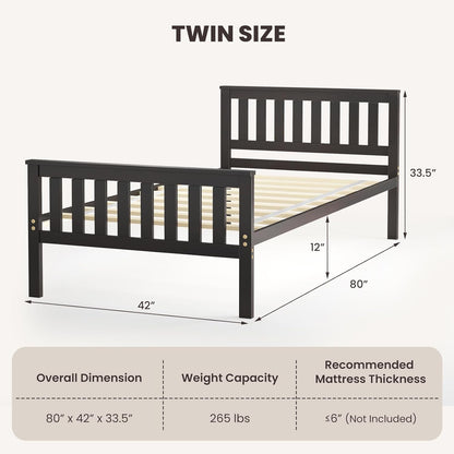 Wood Twin Bed Frames with Headboard, Mid Century Platform Bed with Wooden Slats Support, 12" Under-Bed Storage Space, No