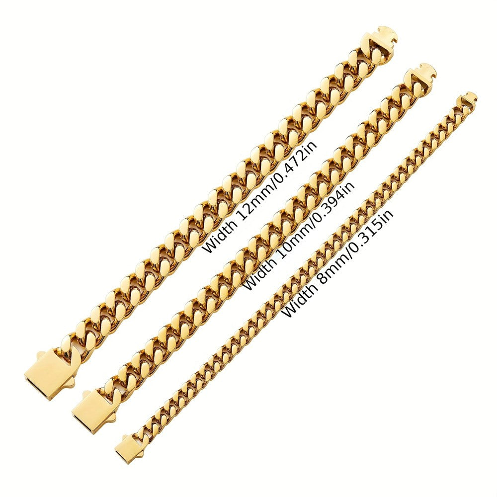 Pulseira Acessório Masculina de Aço Inoxidável 316 Banhada a Ouro 18k, Corrente Cubana Criptografada de 8, 10, 12mm, Estilo Miami Rap Hip Hop
