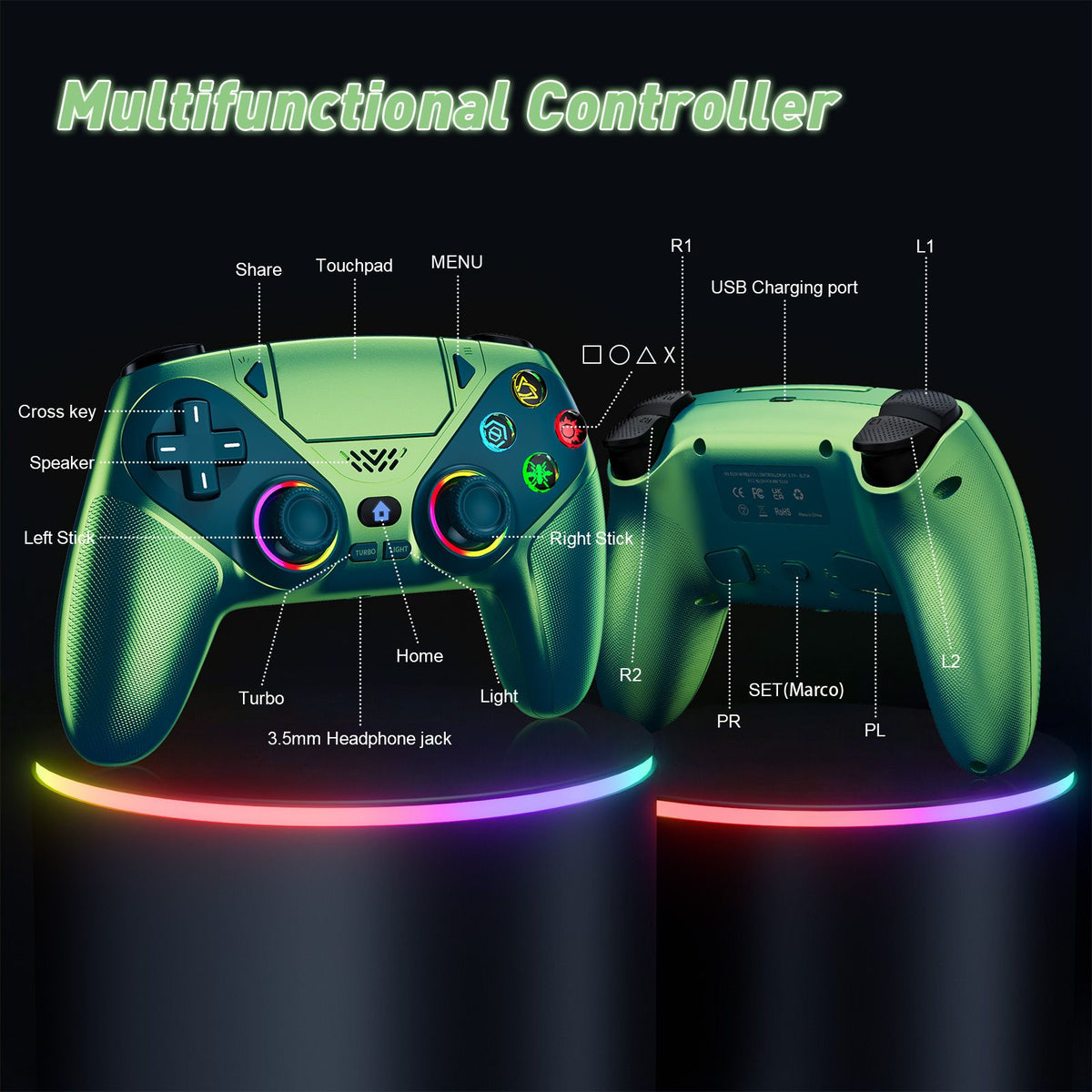 RGB Light Controller For PlayStation 5/PS5 Pro/Slim/PC Wireless Gamepad Marco/Turbo NO Drift Hall Effect Gaming Control Joystick