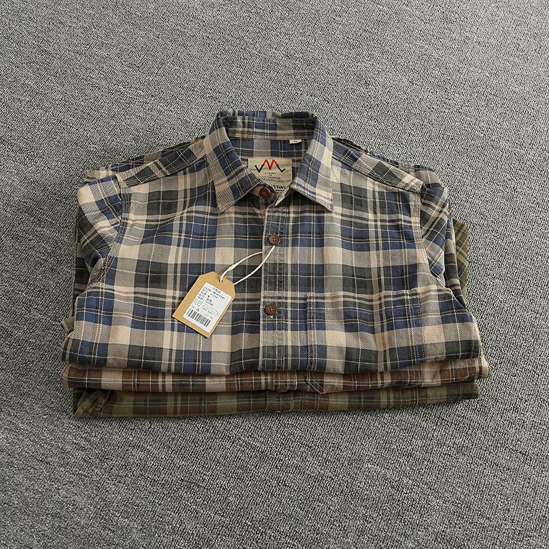 2024 Spring and Autumn New American Retro Woven Plaid Cargo Shirt Men's Simple 100% Cotton Washed Single Pocket Thin Jacket