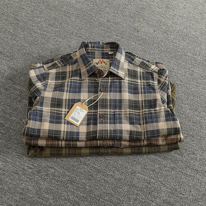 2024 Spring and Autumn New American Retro Woven Plaid Cargo Shirt Men's Simple 100% Cotton Washed Single Pocket Thin Jacket