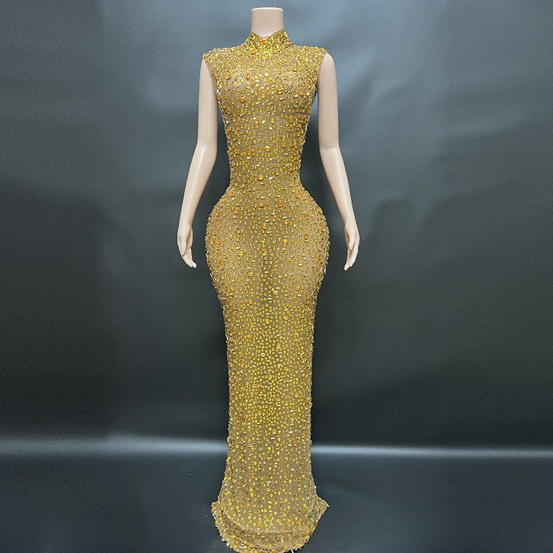 Sexy Full Drill Elastic Slim Fit Sleeveless Long Dress - Hip Wrap, For Host Stage Catwalk & Engagement Evening High-Slit Dresses