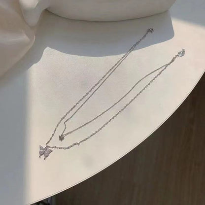 Novo Colar de Borboleta Brilhante Feminino Requintado Colar de Corrente Dupla Camada na Clavícula Joias para Presente Feminino