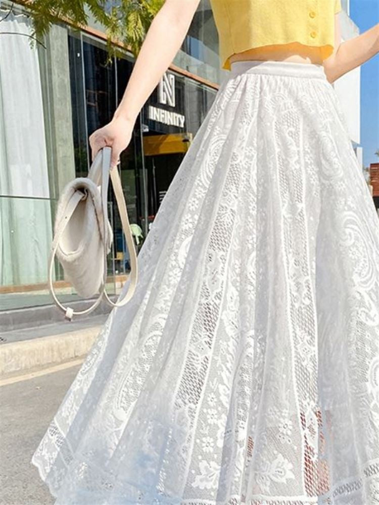 Plus Size plus Size Lace Hollow out f Skirt mid Waist Long Sle Fairy Skirt A-Line Umbrella Skirt Trendy Women's Clothing