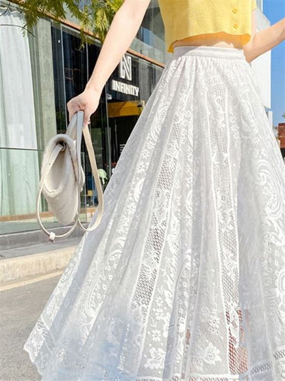 Plus Size plus Size Lace Hollow out f Skirt mid Waist Long Sle Fairy Skirt A-Line Umbrella Skirt Trendy Women's Clothing