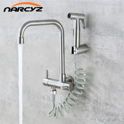 Kitchen Faucet 304 stainless steel into the wall horizontal cold faucet spray set bidet nozzle double control faucet  XT-180