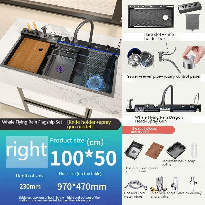 Stainless Steel Golden Kitchen Sink Multifunctional Waterfall Outlet Single Slot Piano Button Digital Display