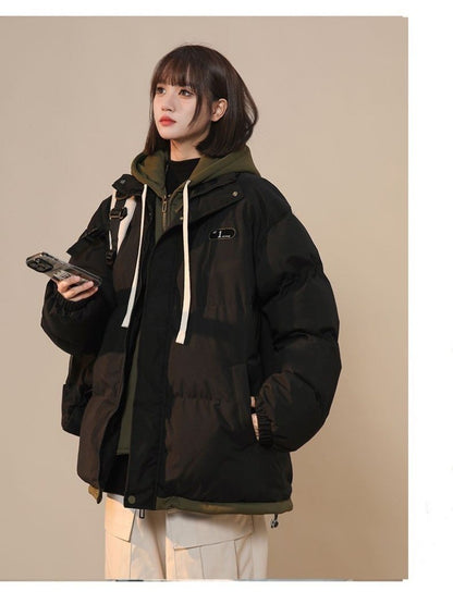 Korean Version New Fashion Letter Patch Fake Two Piece Cotton-padded Jacket Y2K Harajuku Vintage Thick Bread Loose Student Coats
