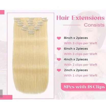 8 peças de Aplique de Cabelo Humano Tic Tac com 18 Clipes, Cabelo Humano Remi Dupla Trama para Mulheres, Loira Cor #613